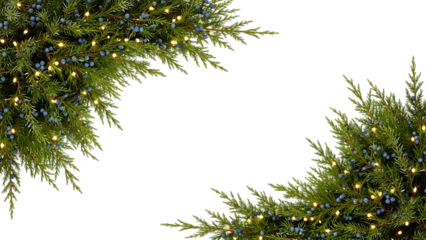 Festive juniper branches with fairy lights and blue berries framing