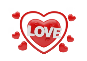 A 3d rendering of a red heart with the word love in white letters, surrounded by smaller red hearts, symbolizing affection and romance, isolated on transparent background