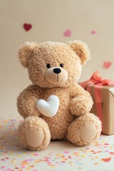 Obraz premium Plush teddy bear holding a small heart sits on pale background with confetti. A wrapped gift beside adds cute gentle Valentine sweetness.