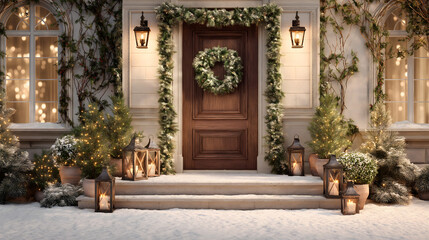Fototapeta premium House Entrance Door Decorated with Christmas Wreath and Pine Leaf Garlands for Cozy Winter Eve