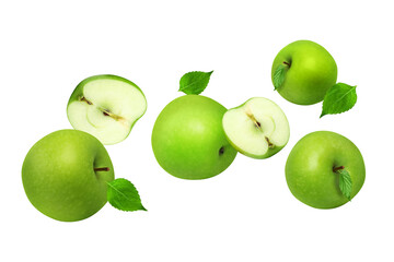 Fresh Green Apples with Slices and Leaves Isolated on White for Healthy Nutrition Concept on Transparent Background png