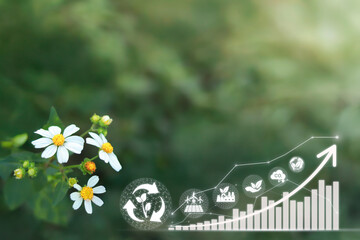 Soft green nature background with Sustainable ESG Growth Concept, environmental symbols and rising growth chart, suitable for sustainability reports and corporate ESG strategy.