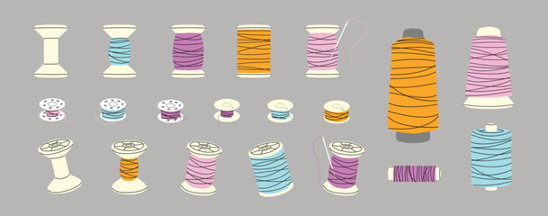 Thread and yarn set on a grey background, vector illustration.