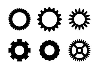 Gears shapes line icons. Flat machine gear icon. Wheel cogwheel vector. Simple outline isolated elements. Black gear.