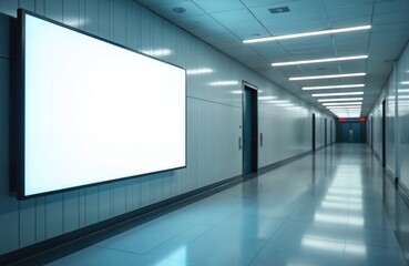 Modern empty corridor with large blank screen on wall, shiny floor, elevators doors. Bright interior space for ads, info, signage in office, hospital, building.