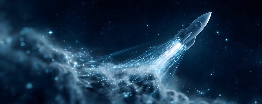 Futuristic rocket launch with digital data trails - Powered by Adobe