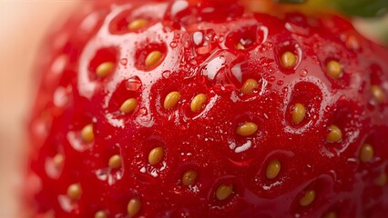 Ultra-high-resolution macro close-up photograph of a fresh ripe strawberry, extreme detail on seeds and surface texture, visible pores and natural imperfections