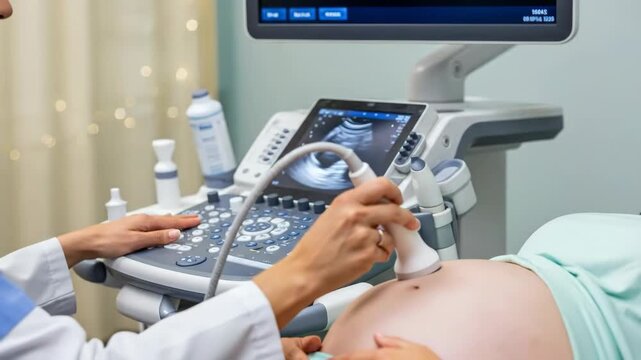 Woman doctor performs ultrasound on pregnant woman, concept of fetal imaging and prenatal care