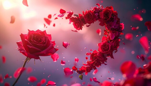 Rosa roja en forma de coraz&oacute;n flotando entre p&eacute;talos, s&iacute;mbolo de amor y pasi&oacute;n, ideal para celebrar el romance y la magia de San Valent&iacute;n.