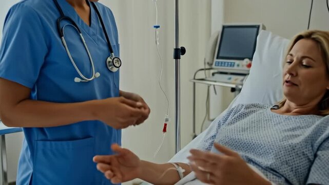 Female nurse adjusting intravenous drip for woman patient in hospital bed, providing medical care and support