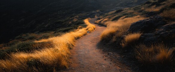 Fototapeta premium Golden hour sunlight bathes a serene winding trail in rich warm tones