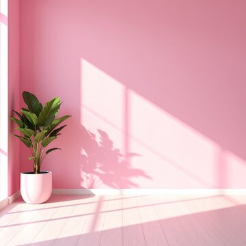 Ein minimalistischer Raum in zartem Rosa wird von Sonnenlicht durchflutet