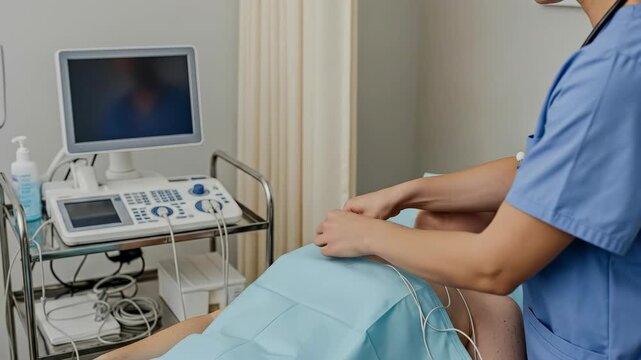 Medical professional preparing woman for Electromyography exam, applying electrodes on her chest and arms. Diagnostic nerve and muscle test.