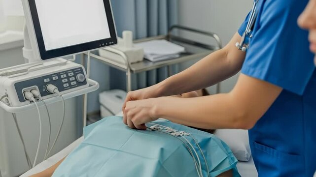 Doctor and nurse connecting electrocardiogram electrodes on woman patient chest for heart examination in clinic.