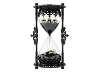 An ornate black hourglass with skulls and sand on a transparent background