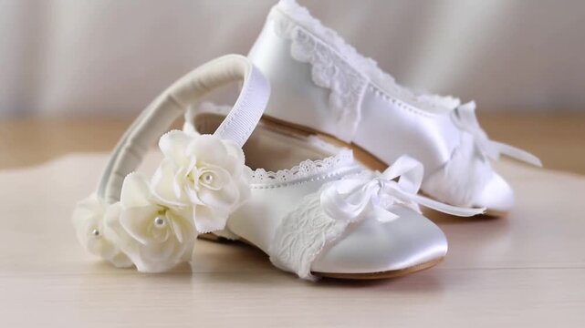 A pair of beautiful white satin shoes adorned with delicate lace and bows Stock Video