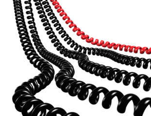 Teléfono rotativo rojo en 3D con cable enrollado, superficie brillante y sombra sobre fondo transparente. comunicación, encanto retro y reinterpretación moderna