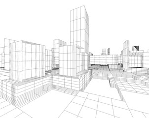 Renderizado en malla blanco y negro de edificios altos alineados sobre v&iacute;a central en perspectiva digital.urbana y orden espacial, simbolizando planificaci&oacute;n, estructura y abstracci&oacute;n arquitect&oacute;nica.