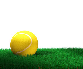 Pelota de tenis amarilla sobre c&eacute;sped verde vibrante, aislada contra fondo negro s&oacute;lido. enfoque y anticipaci&oacute;n, simbolizando deporte, precisi&oacute;n y la calma previa a la acci&oacute;n.