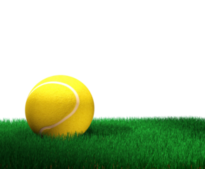 Pelota de tenis amarilla sobre césped verde vibrante, aislada contra fondo negro sólido. enfoque y anticipación, simbolizando deporte, precisión y la calma previa a la acción.