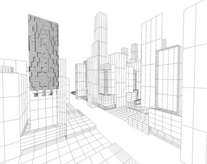 Renderizado en malla blanco y negro de edificios altos alineados sobre v&iacute;a central en perspectiva digital.urbana y orden espacial, simbolizando planificaci&oacute;n, estructura y abstracci&oacute;n arquitect&oacute;nica.