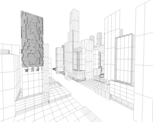 Renderizado en malla blanco y negro de edificios altos alineados sobre vía central en perspectiva digital.urbana y orden espacial, simbolizando planificación, estructura y abstracción arquitectónica.