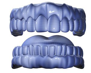 Renderizado digital 3D de dientes superiores e inferiores humanos con superficie brillante y malla superpuesta.precisi&oacute;n y claridad anat&oacute;mica, simbolizando estructura dental, simulaci&oacute;n