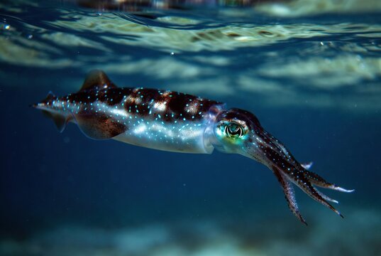 Bioluminescent beauty: a stunning cuttlefish glides gracefully through the shallow ocean