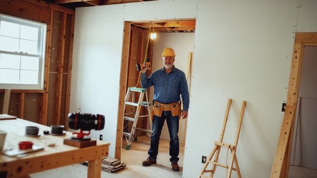 Portrait of a mature construction worker holding a drill during a home renovation. Smiling senior builder wearing a hard hat and tool belt standing in a room with exposed framing - Powered by Adobe
