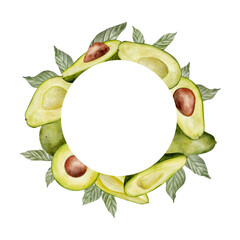 Circle Frame, avocado wreath. Watercolor fruit leaves and flowers illustration. Hand drawn botanical drawing. Green plant on isolated background for food, cosmetic packaging design, card, invitation.