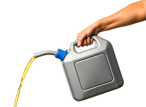 A hand holding a gray gas can with a blue cap and yellow nozzle isolated on transparent background
