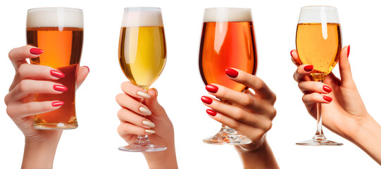 female beer cheer; woman hands with red and golden christmas holiday nails cheering with an elegant glass of beer, isolated over white (transparent) background