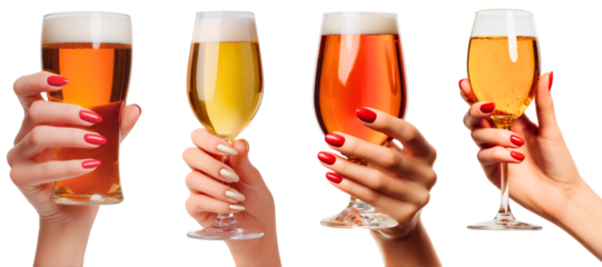 female beer cheer; woman hands with red and golden christmas holiday nails cheering with an elegant glass of beer, isolated over white (transparent) background