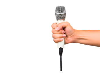 A hand holding a microphone with a white handle and black cord isolated on transparent background