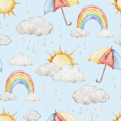 Children seamless pattern on blue background with umbrella, rainbows, sun, and fluffy rain clouds for fabrics, for kids goods,linen, pajamas. Watercolor hand drawn illustration.