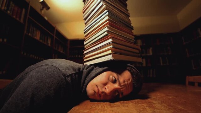 Exhausted student with a tall stack of books on his head in a library. Tired young man overwhelmed by studying for exams late at night. Academic burnout concept