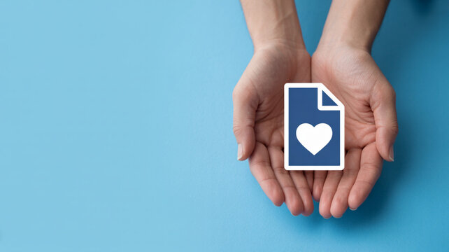 digital heart symbol displayed by open hands, symbolizes the concept of support, compassion, and care, all set against a calming blue background  - Powered by Adobe