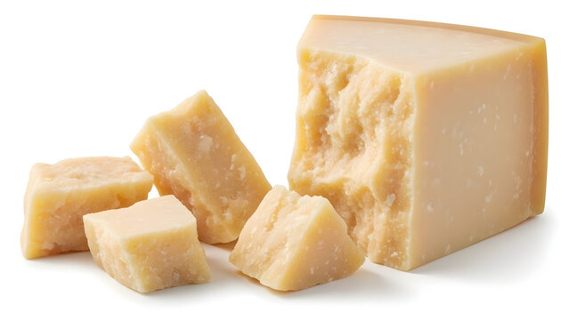 Yellow Cheese Block and Cubes Isolated on White Background