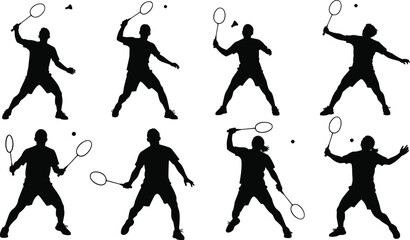 Badminton player silhouette set, dynamic racket poses, shuttlecock action, vector illustration, sports movement design, athletic training reference
