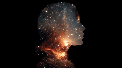 head silhouette filled with constellations and nebula light, symbol of cosmic mind and infinite thought, high detail surreal art, 