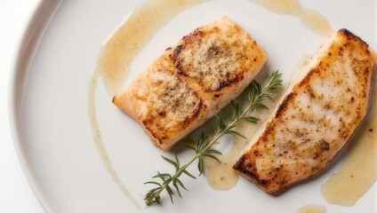 Delicious Baked Fish Fillets with Herbs and Olive Oil on a White Plate.