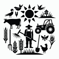 Silhouette farmer holding tools surrounded by agriculture and farm elements creates a rural farming scene