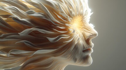human head opening like a blooming flower, soft golden light emerging, symbol of self-awareness and mental awakening, cinematic fine art, 