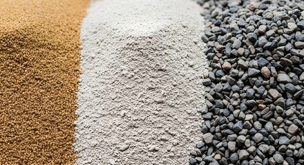 Piles of different construction materials: sand, gravel, and stone  