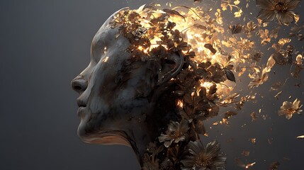 human head opening like a blooming flower, soft golden light emerging, symbol of self-awareness and mental awakening, cinematic fine art, 