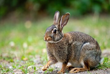 Fototapeta premium Wild brown rabbit with prominent ears and whiskers pausing cautiously in a vibrant outdoor setting