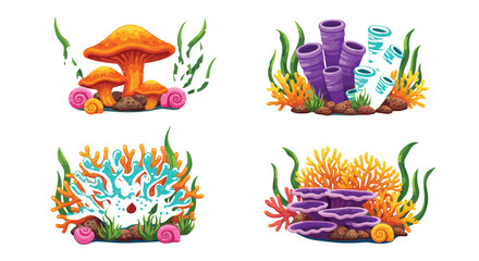Vector Set of Colorful Coral and Sea Flora; Stylized Underwater Elements including Orange Mushrooms, Purple Sponges, and Teal Coral for Marine Design.
