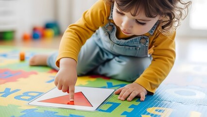toddler tracing a red geometric shape on a puzzle card on an alphabet mat on a blurred background for early education blogs, preschool resources, and child development materials