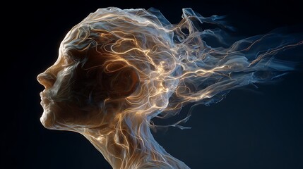 transparent human head with flowing light currents inside, representing stream of consciousness, hyper-realistic fine art, 