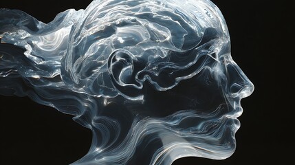 transparent human head with flowing light currents inside, representing stream of consciousness, hyper-realistic fine art, 